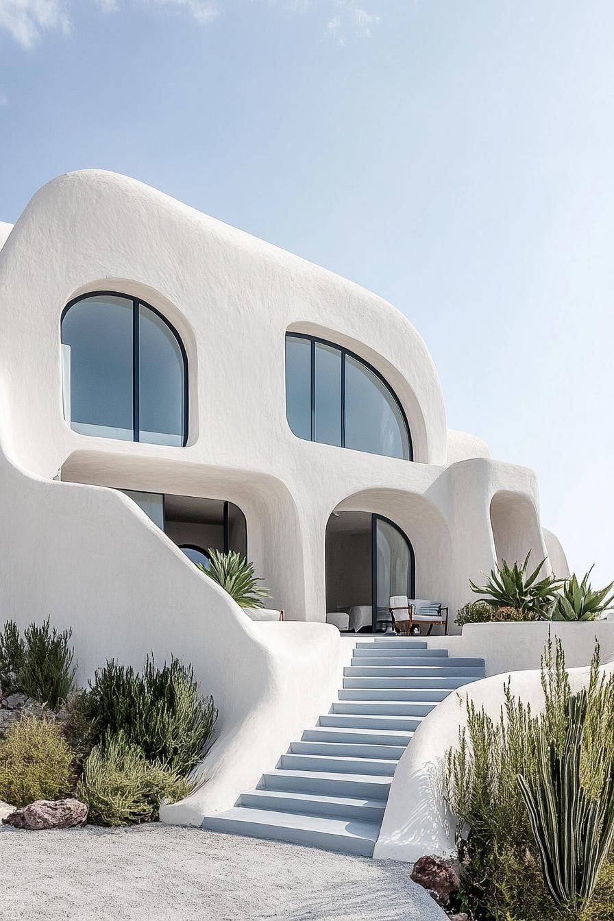 modern big stucco villa with blue accents in Santorini coast