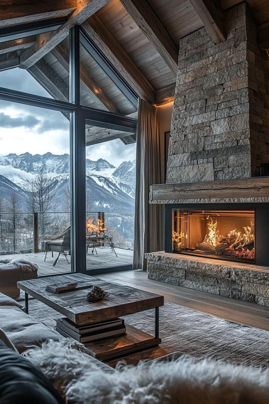 modern chalet double sided stone fireplace with large windows and stunning Alpine mountain views 2