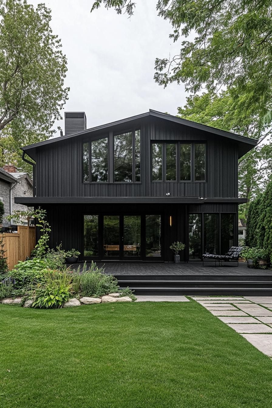 mid century modern black house facade with charcoal black siding 2