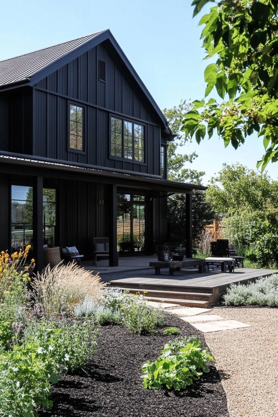 Dark Stained Wood Barn With Sleek Black Trims