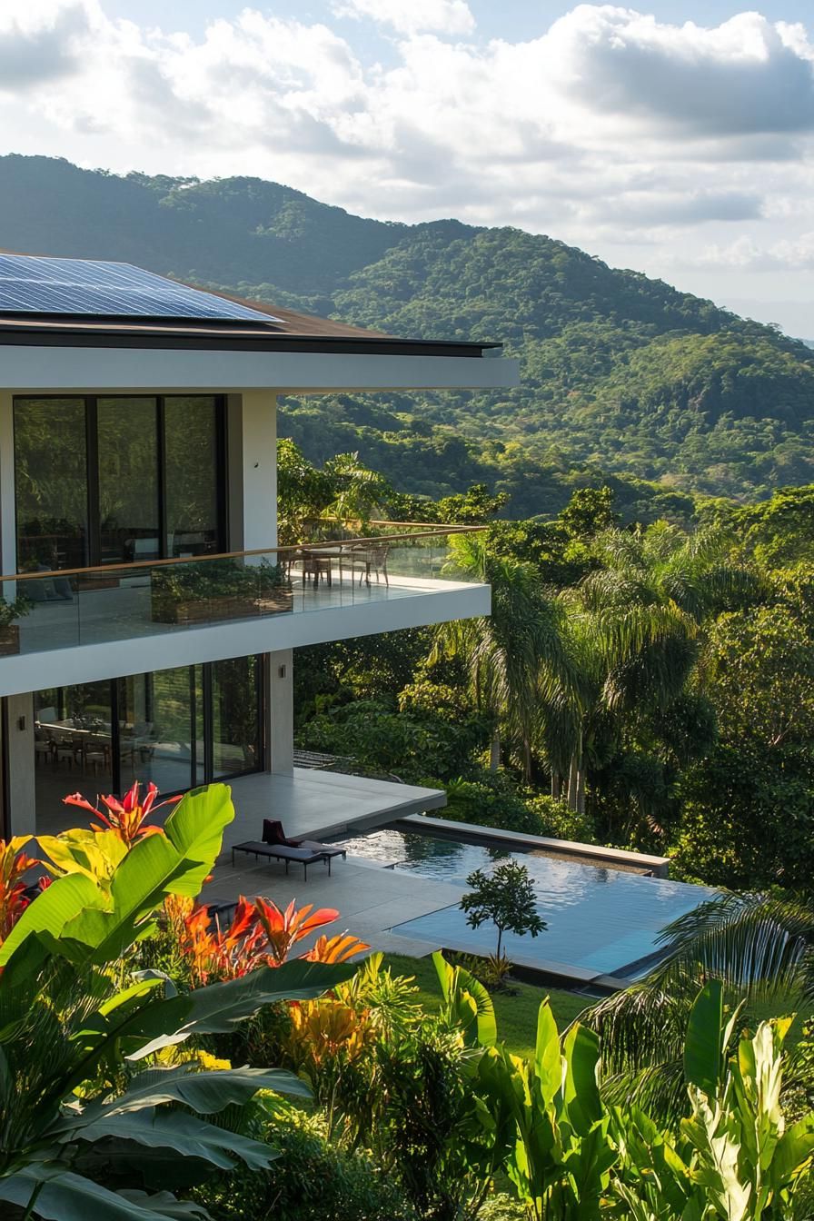 modern villa with integrated solar panel roof sunny tropical mountains 2