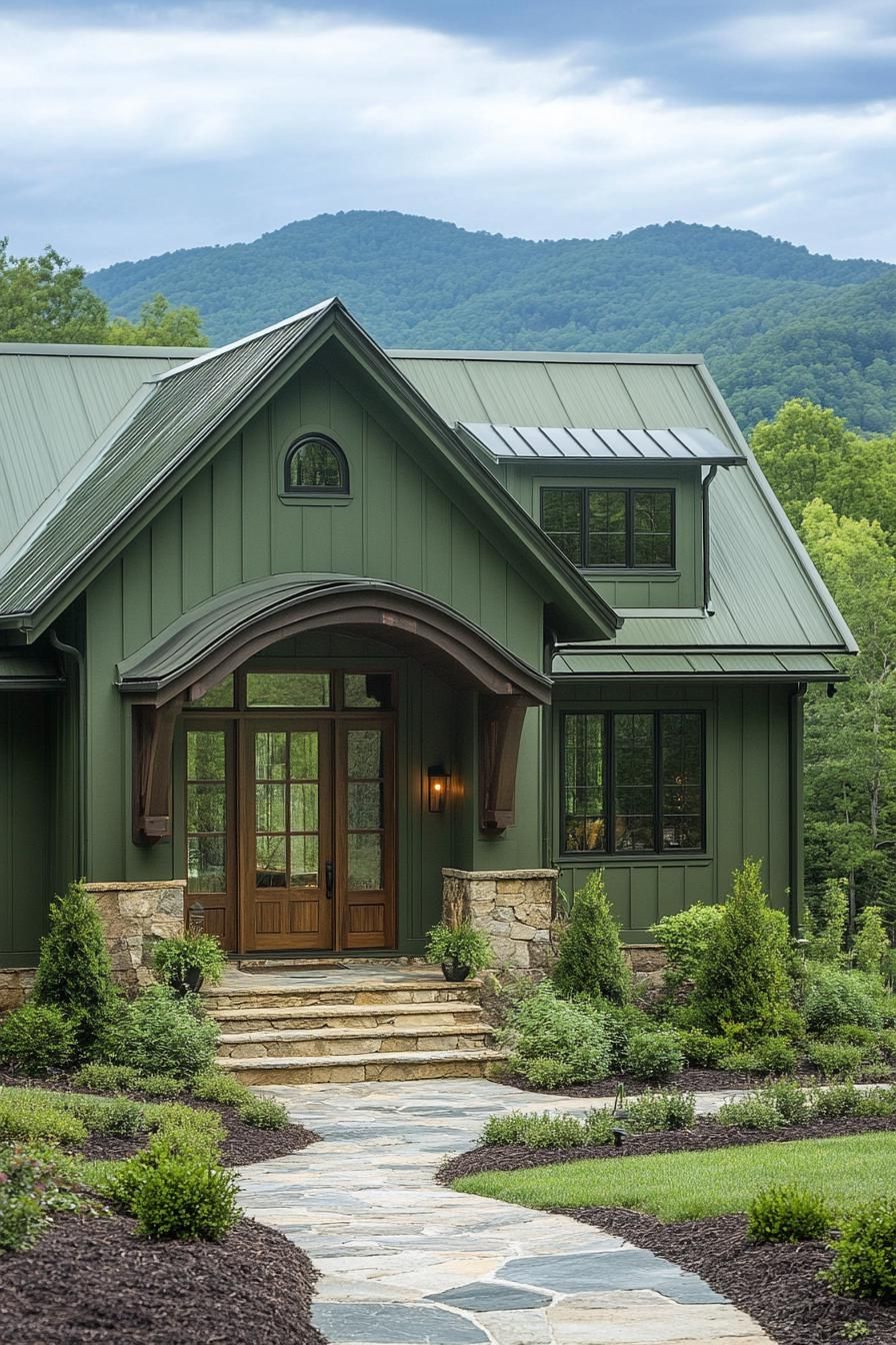 cottage style modern mountain house facade in olive green board and batten siding olive green roof natural wood front door with glass panels big 2