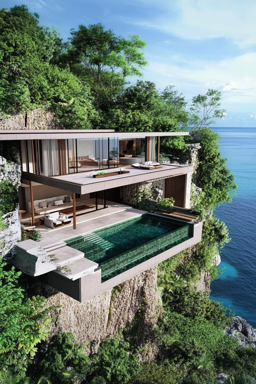 cliffside luxury villa with huge covered terrace geometric facade and infinity pool 3