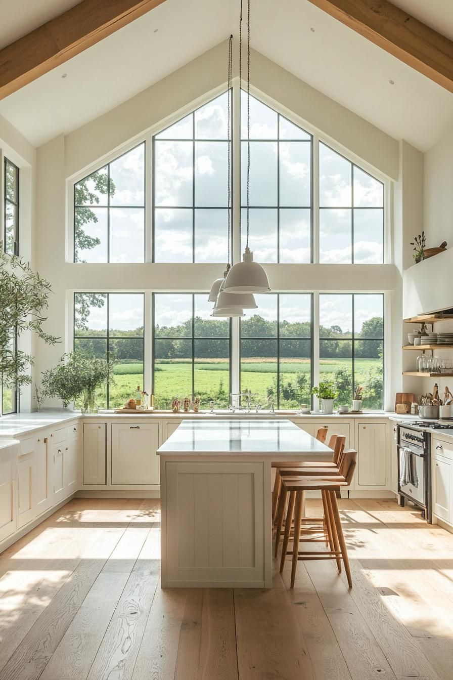 modern English cottage open layout kitchen with large windows overlooking stunning farm fields 2