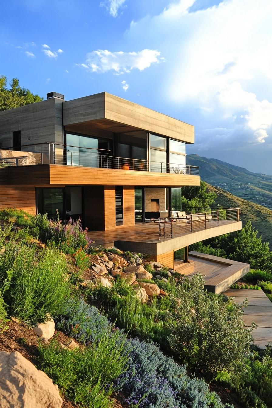 modern house on a slope with cantilevered deck and lush mountain views 3
