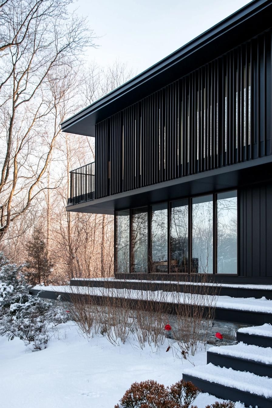 mid century modern black house aluminum facade with vertcal slats Scandinavian winter 3