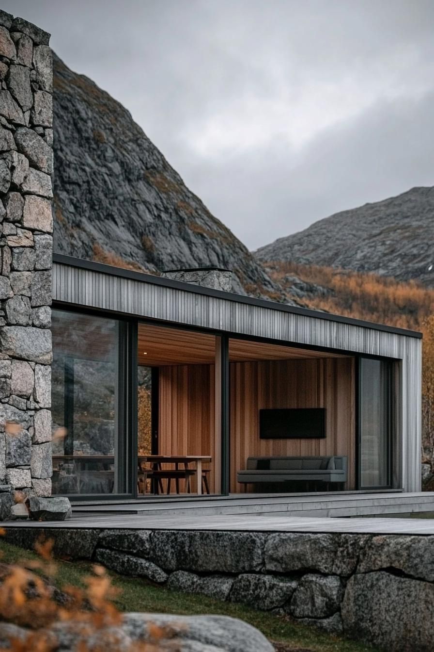 mid century modern 1950s style house stone and wood facade in Scandinavian mountains 3
