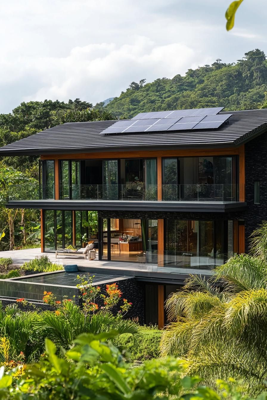 modern house with black shingle roof and solar panels tropical lush hill 3