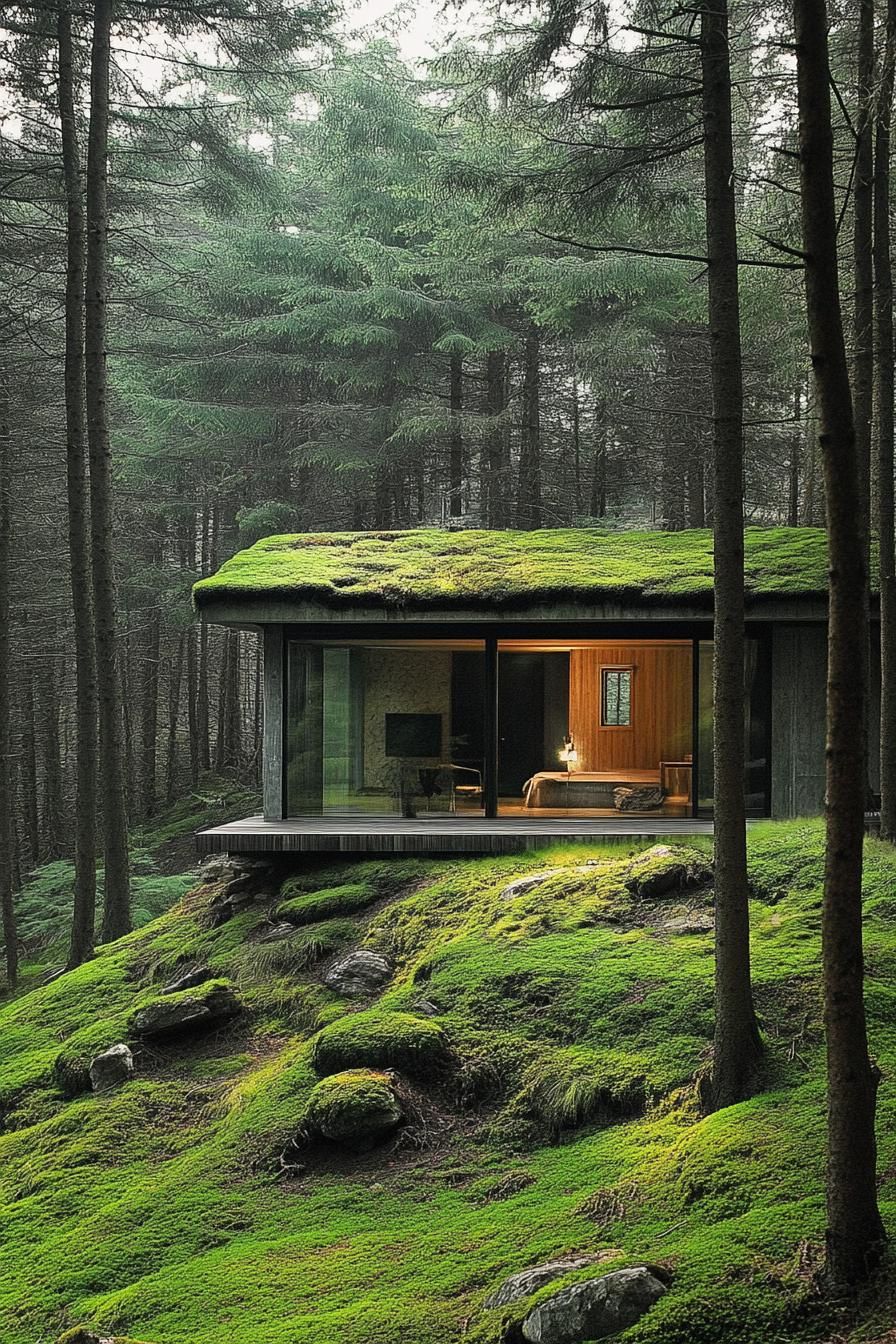 modern forest house moss covered cottage facade in pine forest 2