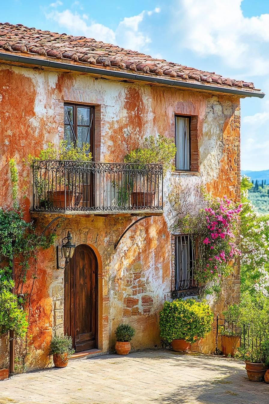modern Tuscan mediterranean house facade with terracotta roof and wrought iron balconies stunning Tuscany landscape