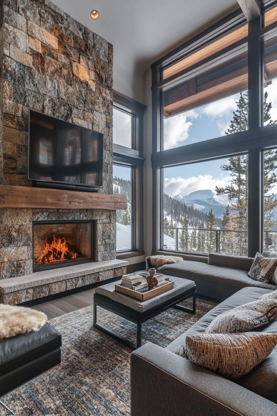 modern mountain retreat home with natural stone fireplace stunning winter mountain views 3