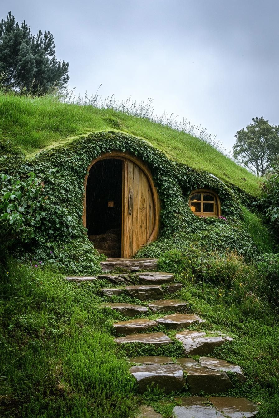 front of an earth sheltered house with large built into hillside door covered in grass 2