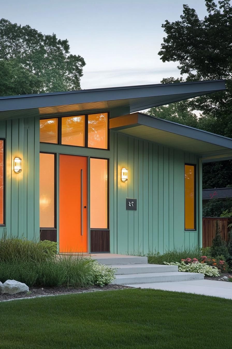 mid century modern house facade in soft mint green and vibrant orange highlights