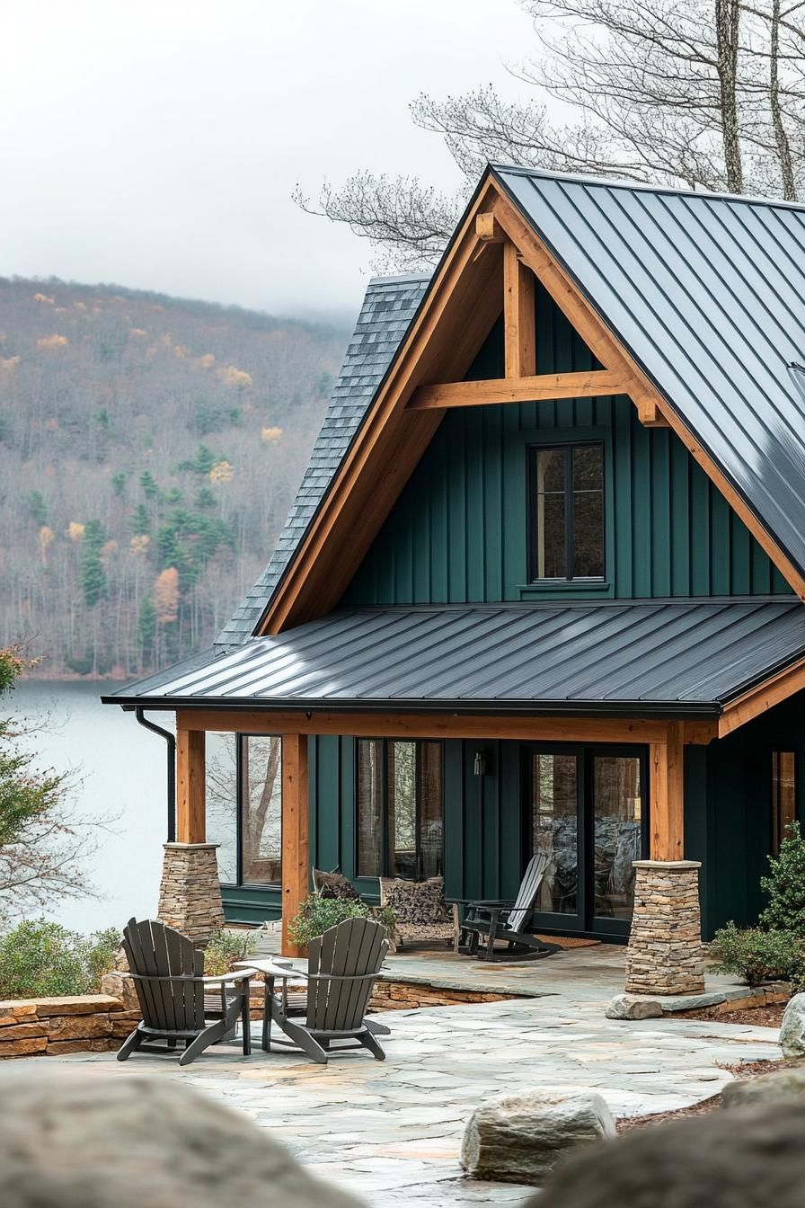 modern a frame mountain house with teal green siding rustic beam porch columns multi pitched grey roof front yard paved in stone with adirondack