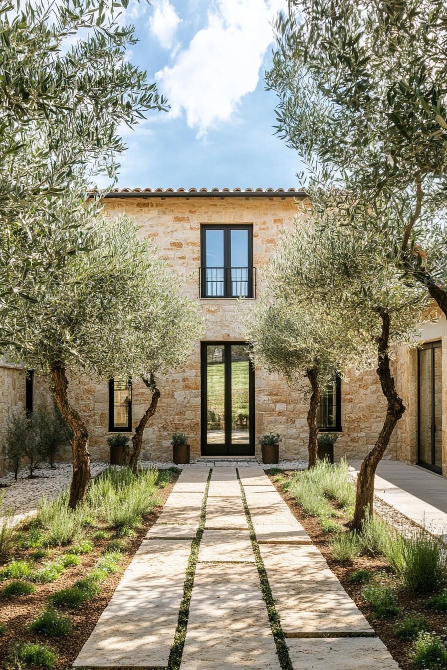 modern Tuscan home courtyard with olive trees 3