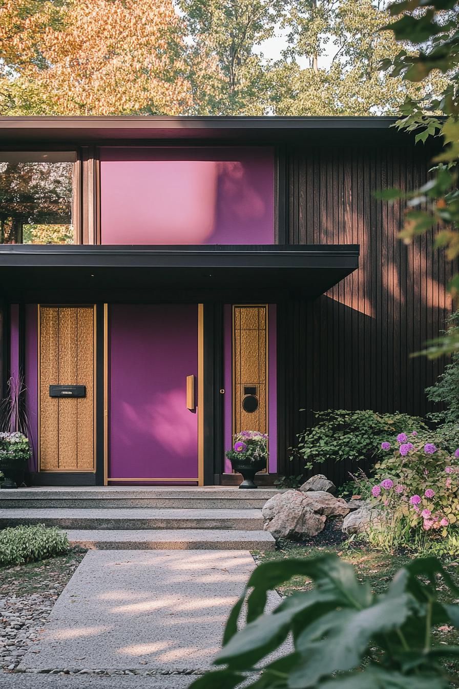 mid century modern house facade in deep plum and blush pink colors with retro gold accents 2