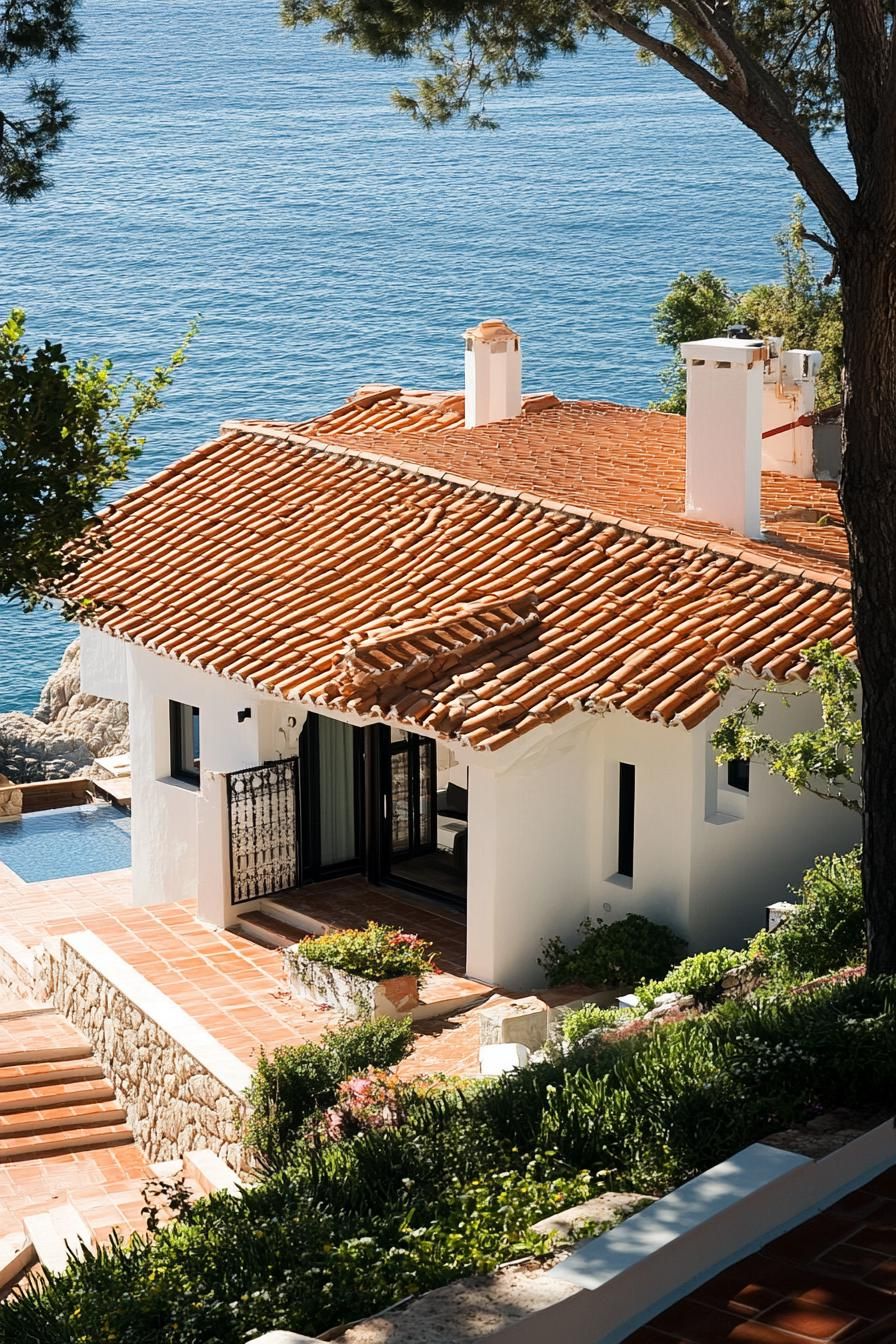 modern spanish villa with terracotta roof tiles on seashore 3