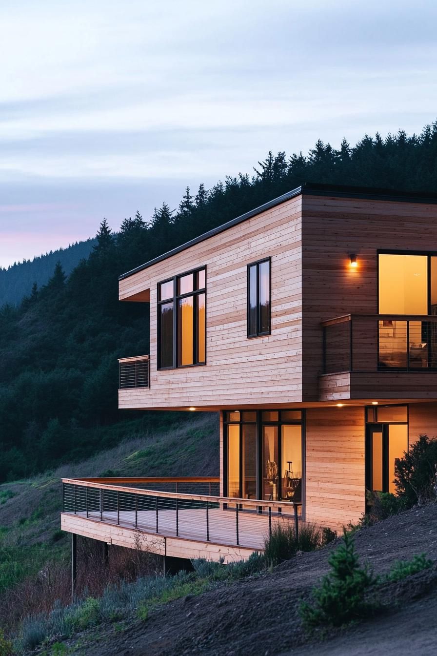 modern house with staggered layout cedar shiplap exterior hilly landscape
