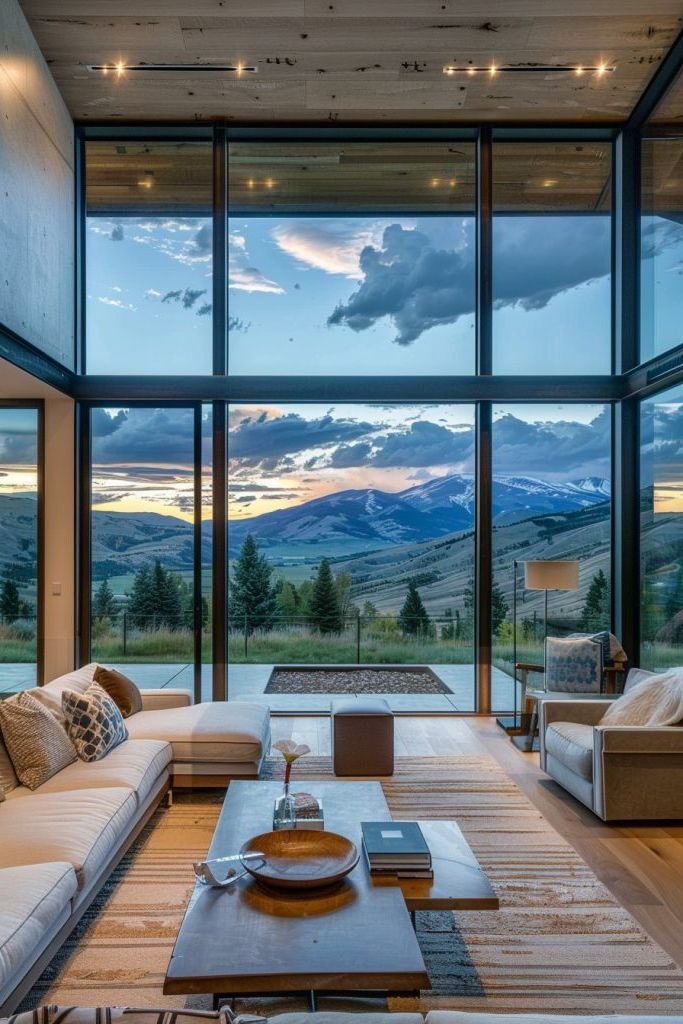 living room glass walls mountain view