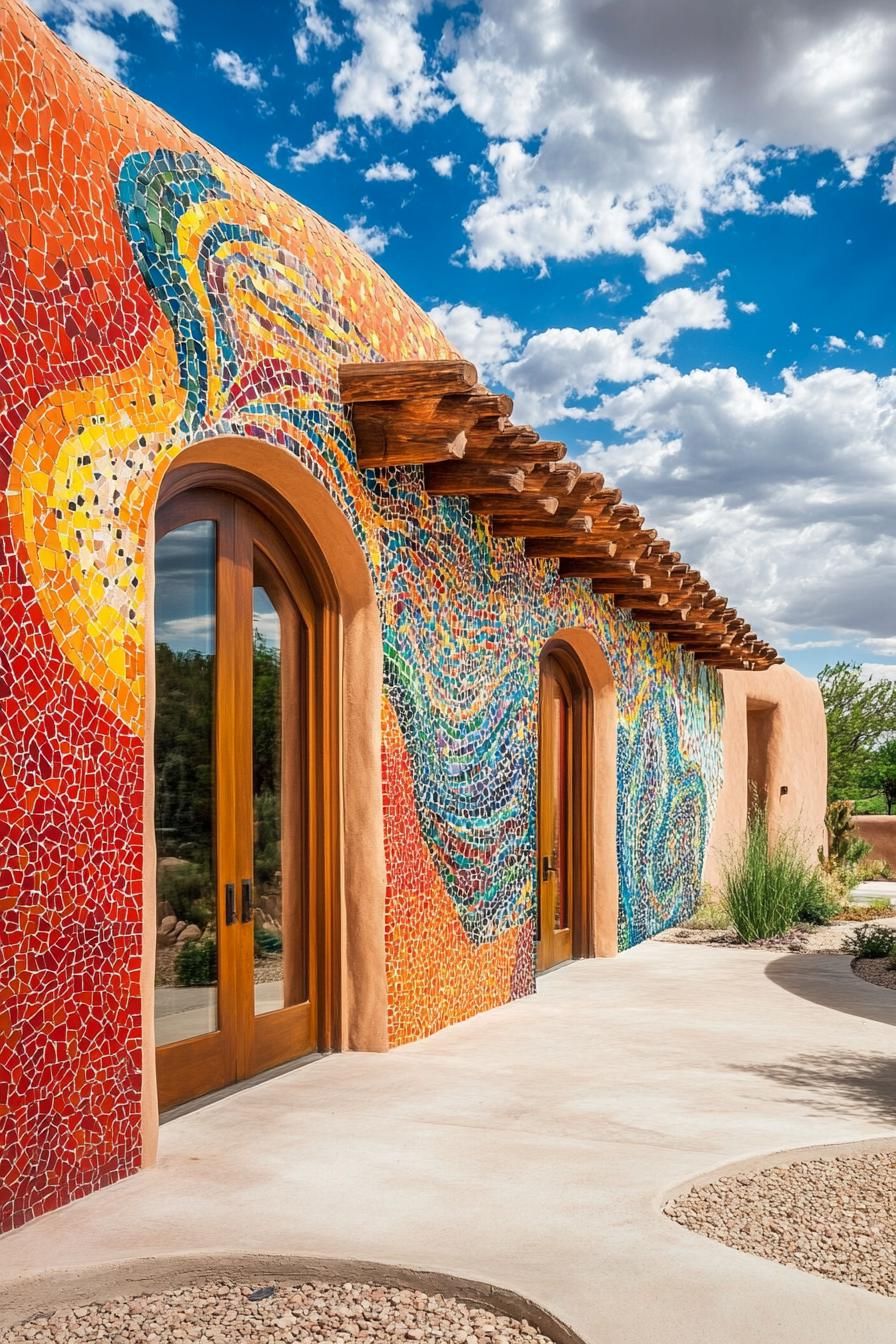 modern adobe house with vibrant mosaic walls