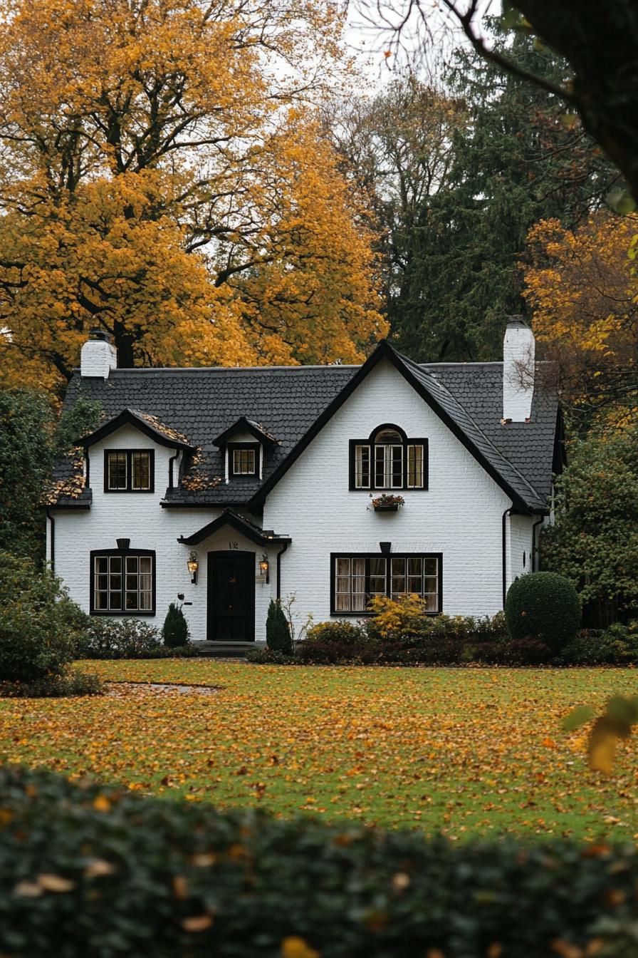 English cottage style duplex white house with black roof and windows in a meadow full house view from afar 2