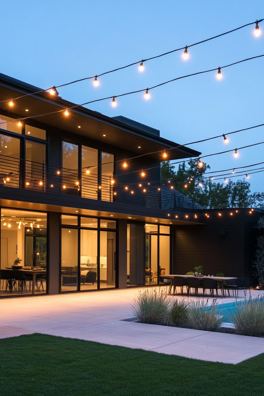 modern house yard with string LED lighting 2