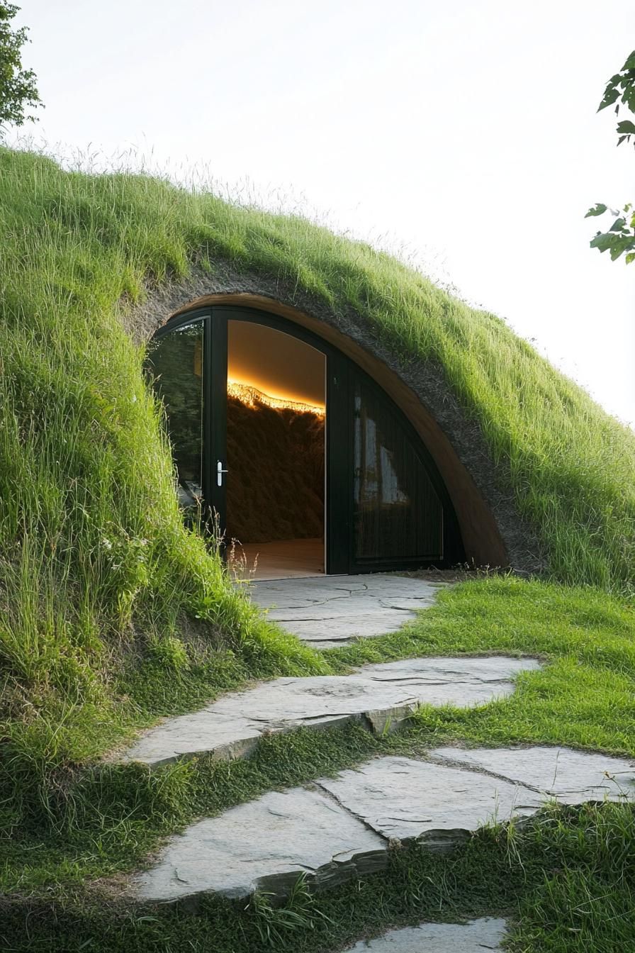 front of an earth sheltered house with large built into hillside door covered in grass