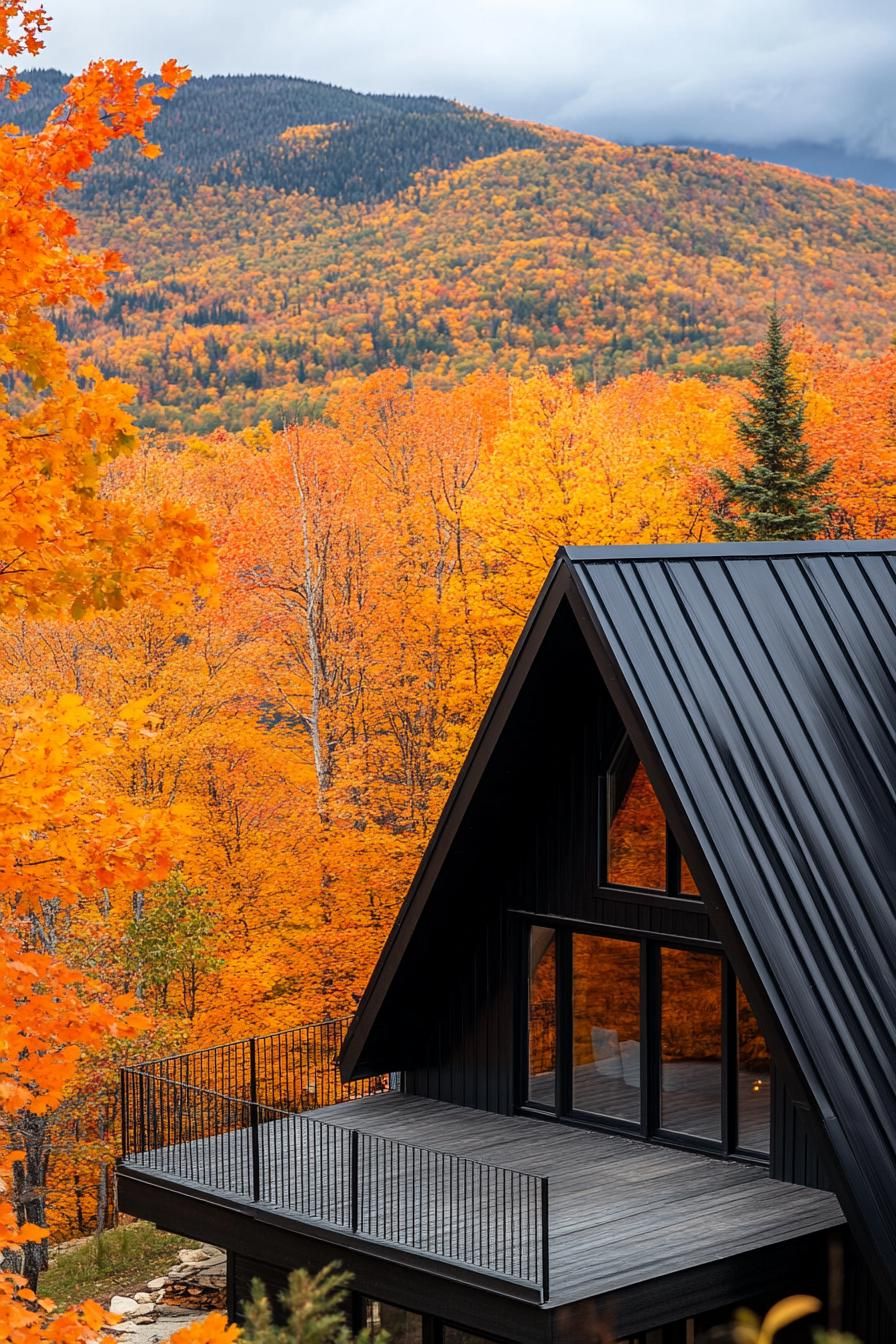 modern a frame mountain house with black metal roofing stunning Canadian fall foliage views 2