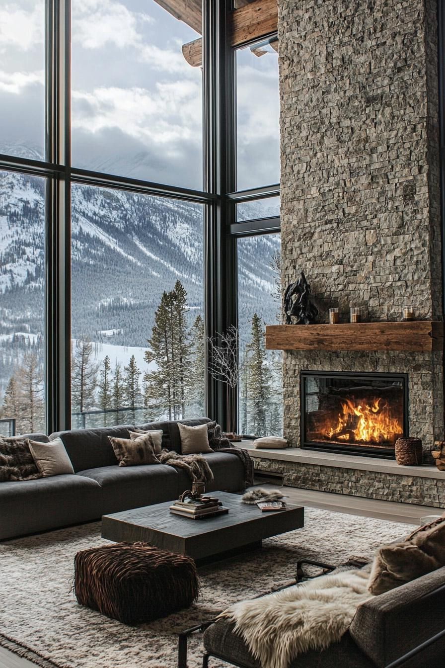modern rustic mountain cabit floor to ceiling stone fireplace with large full wall windows with stunning snowy alpine mountain view