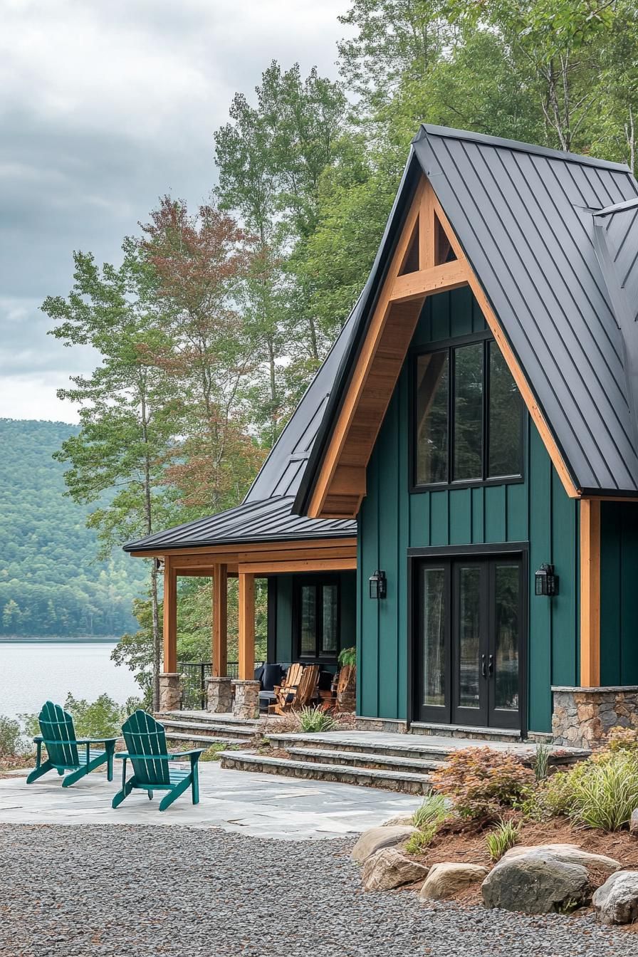 modern a frame mountain house with teal green siding rustic beam porch columns multi pitched grey roof front yard paved in stone with adirondack 2
