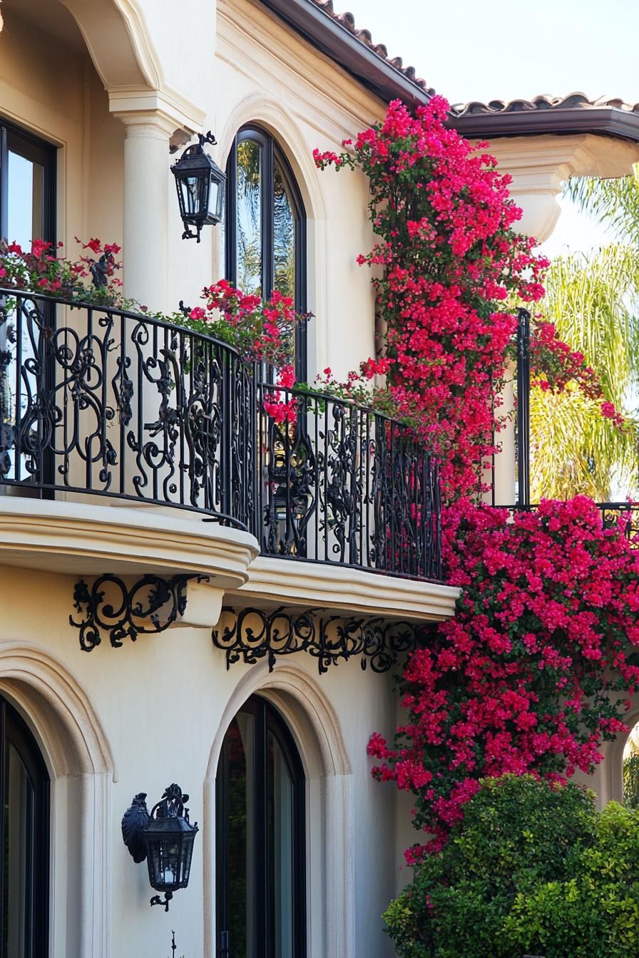 modern Tuscan mediterranean house facade with ornate wrought iron balconies with Bougainvillea climbers 3