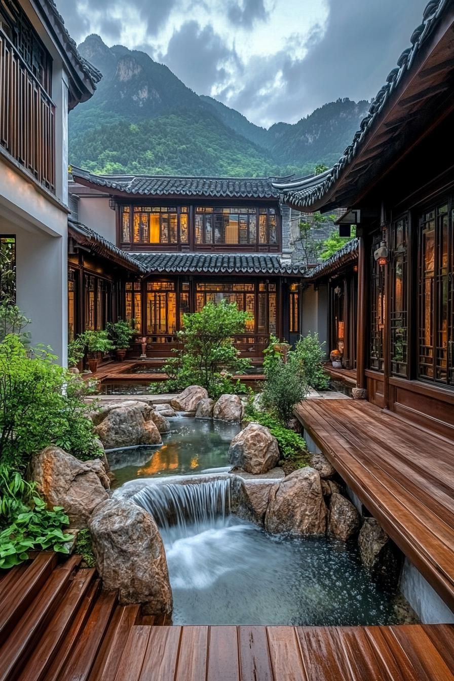 chinese inner courtyard with water stream feature wooden deck rocks chinese detailing green mountains visible over the roof from the courtyard