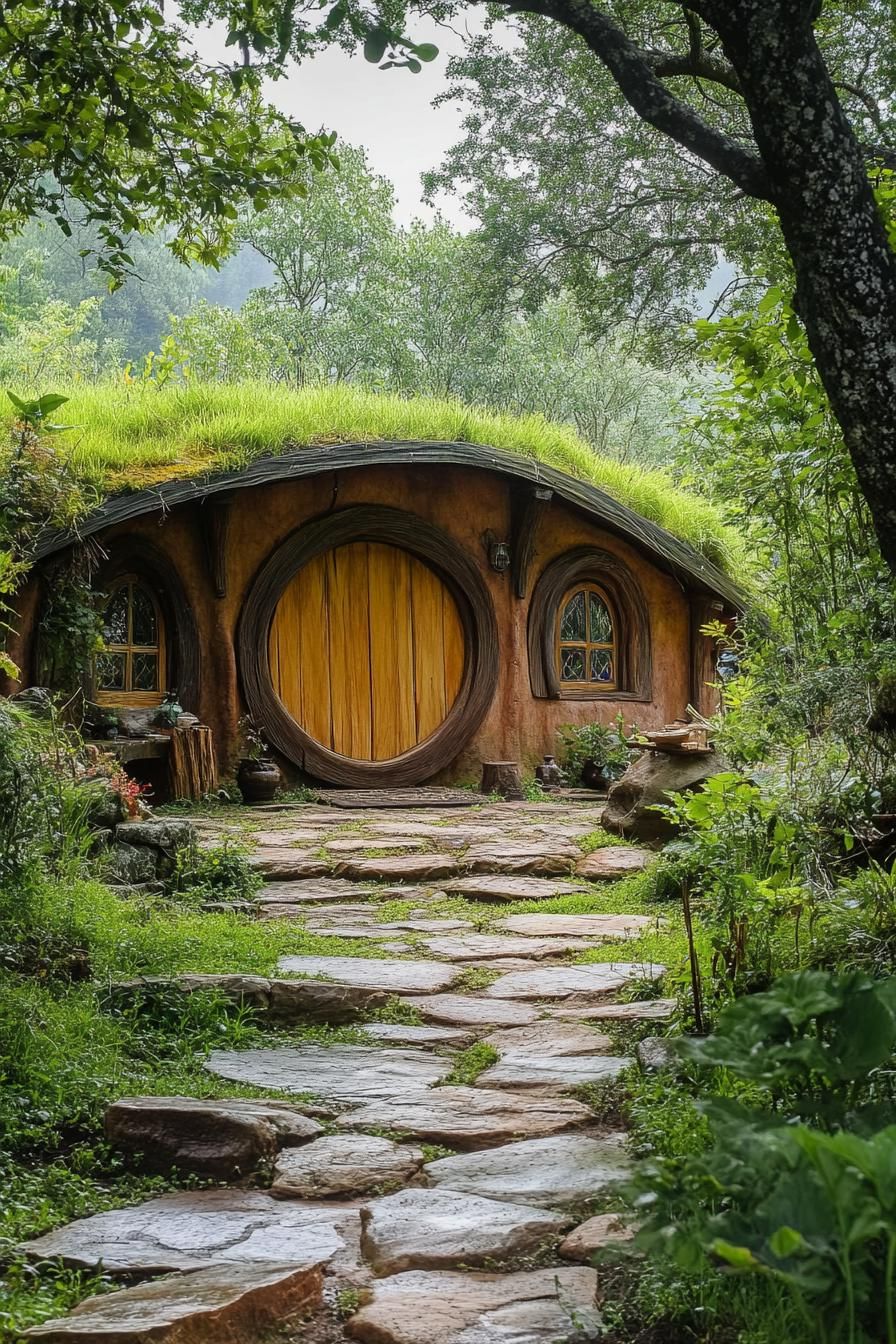 hobbit style earthen house in the mountain forest clearing 2