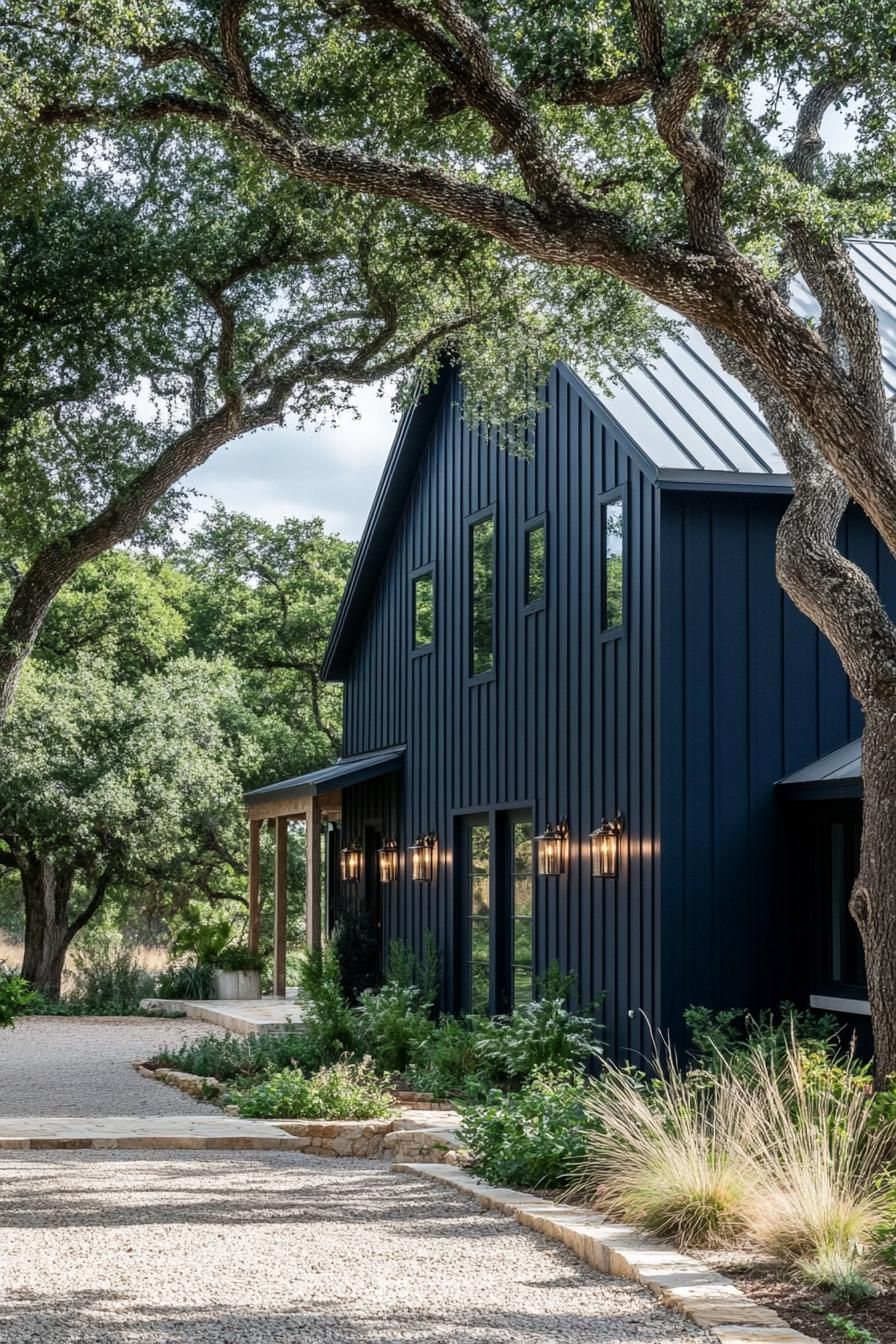 Deep Navy Siding With Black Iron Light Fixtures