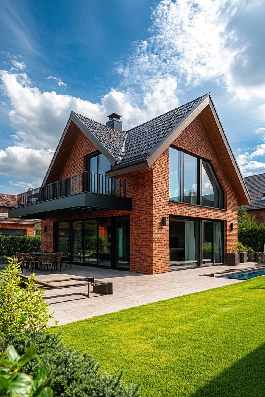 suburban red brick house with multi pitch roof and patio 3