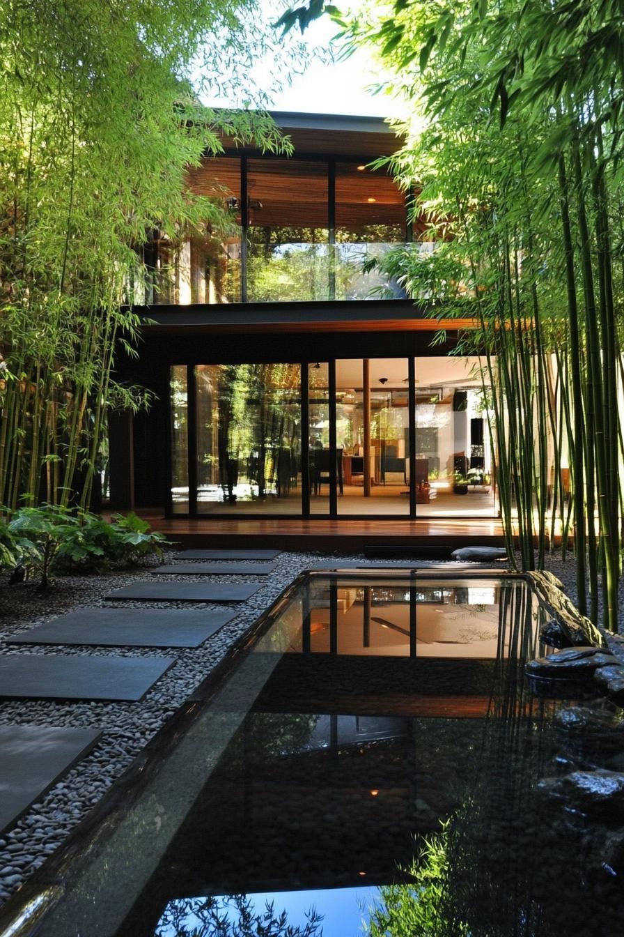 modern house zen garden with lush bamboo forest views 3