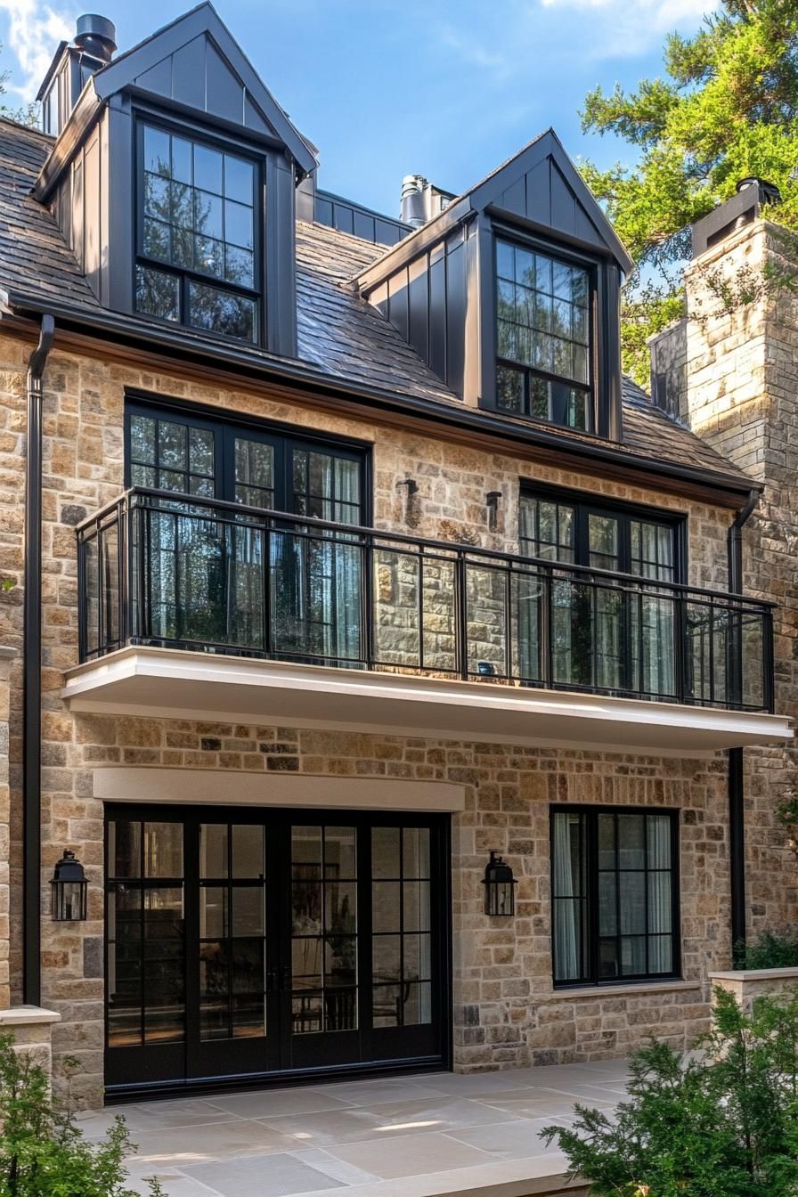 English cottage style townhouse with second story balcony with glass railings 2
