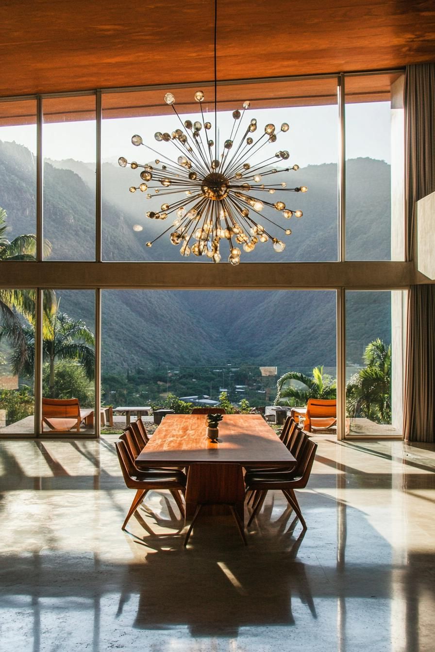 mid century modern house interior with sputnik chandelier large windows overlooking a tropical mountain 3