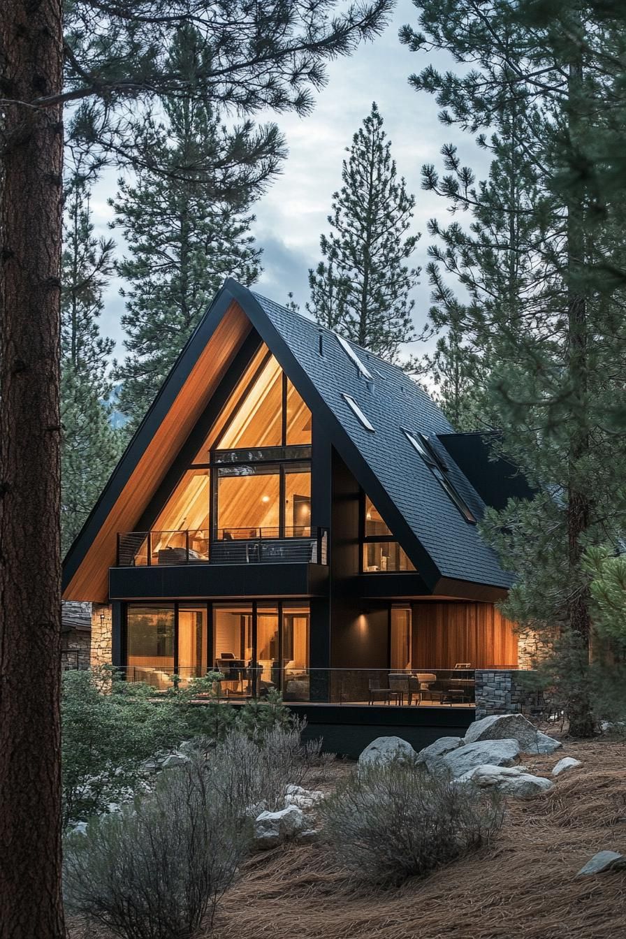 modern mountain woods house with A frame facade and skylight windows nestled between magnificent pine trees