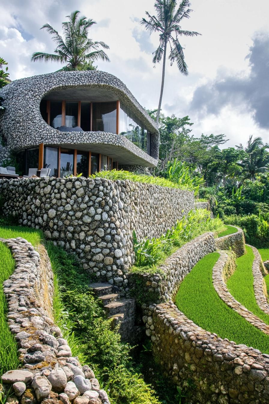earth sheltered modern house facade built into rice terraces in Bali 3
