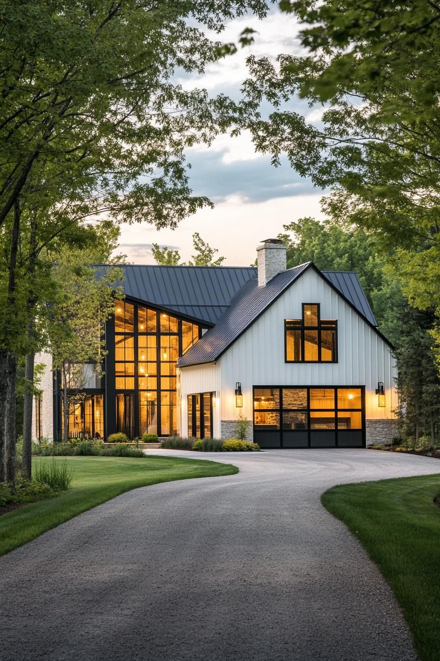 modern farmhouse L shaped house with steel and glass barn style garage with driveway lined with trees
