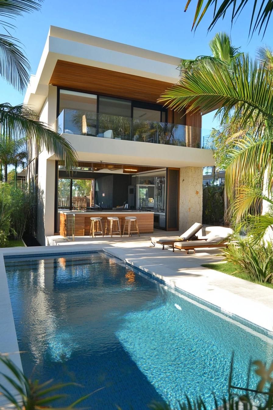 modern house pool with swim up bar tall palms in the backyard tropical landscape 2