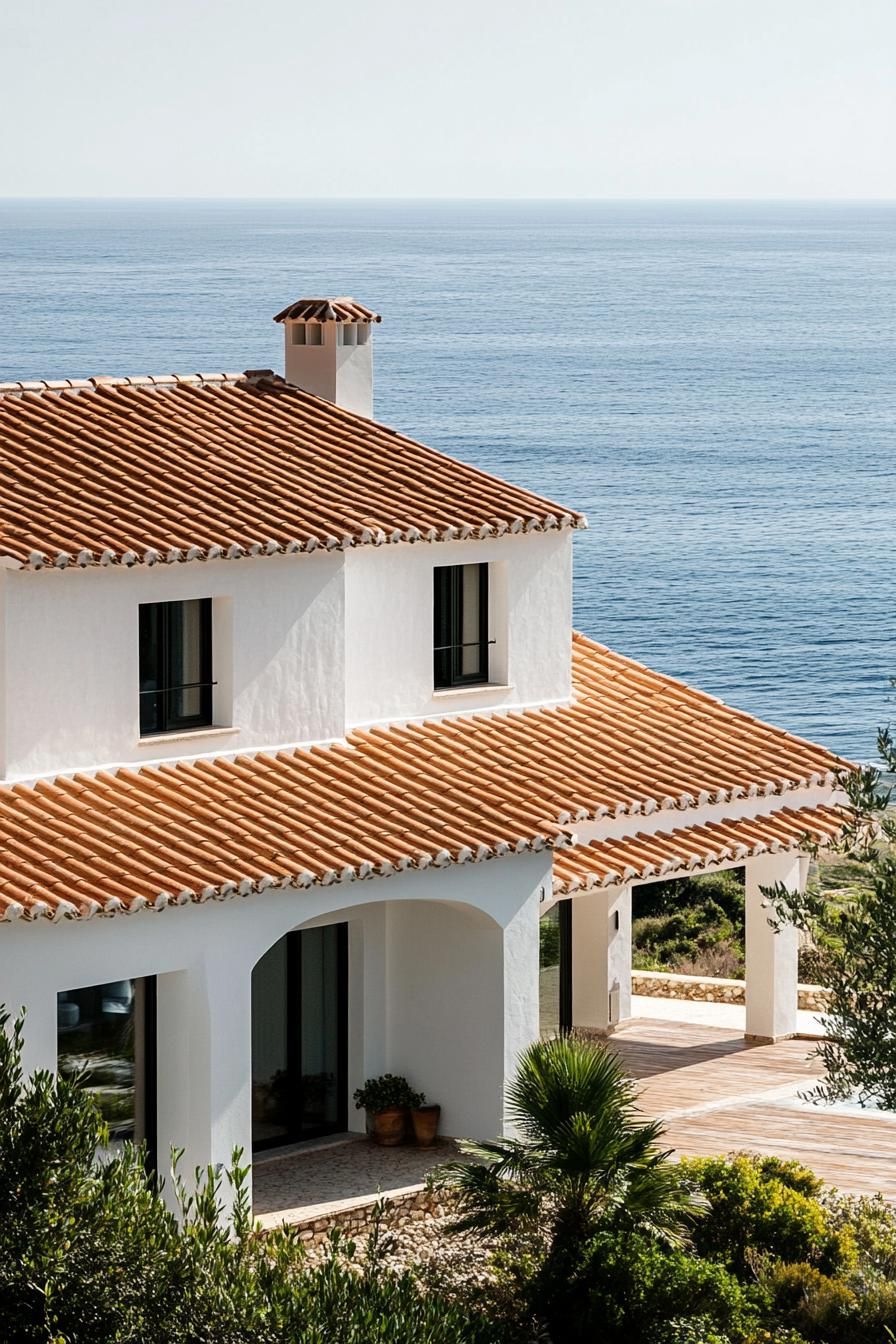 modern spanish villa with terracotta roof tiles on seashore 2