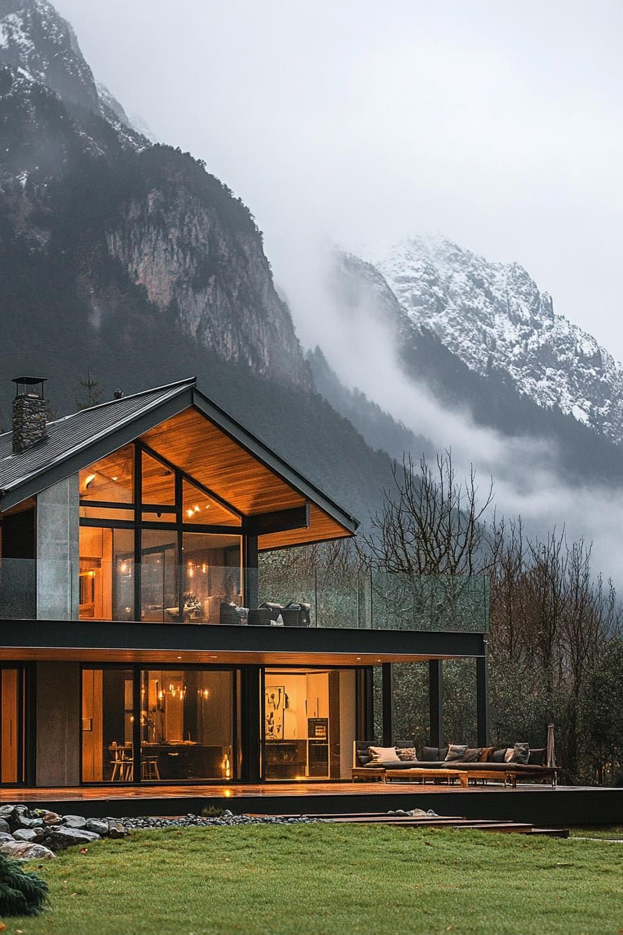 modern barn style house facade with floor to ceiling windows imposing mountain in the background misty weather 2