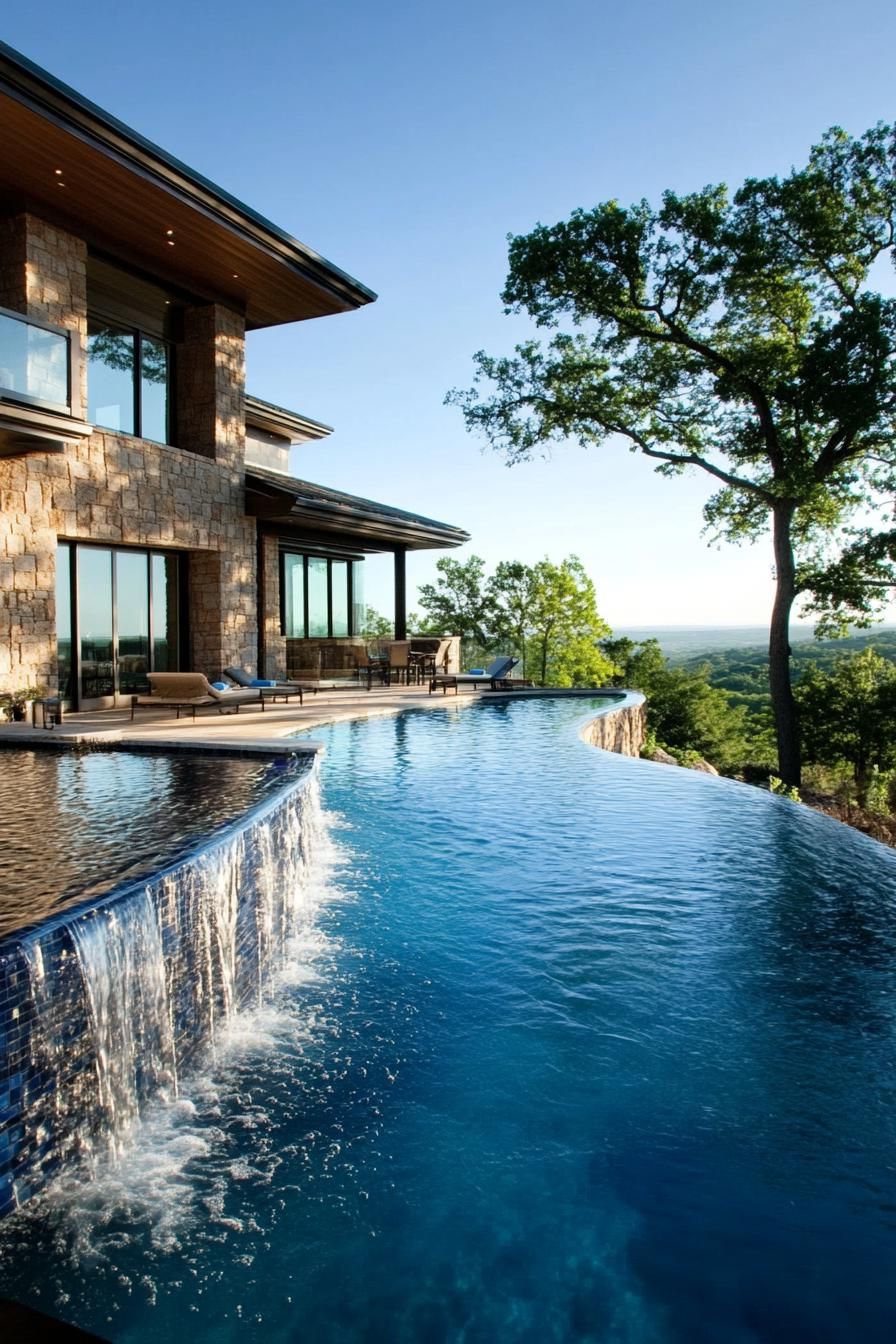 modern suburban mansion infinity pool with waterfall feature