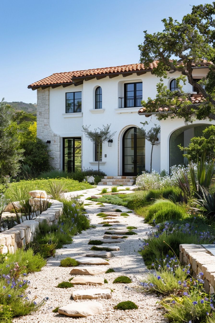 mediterranean house stone and gravel pathway