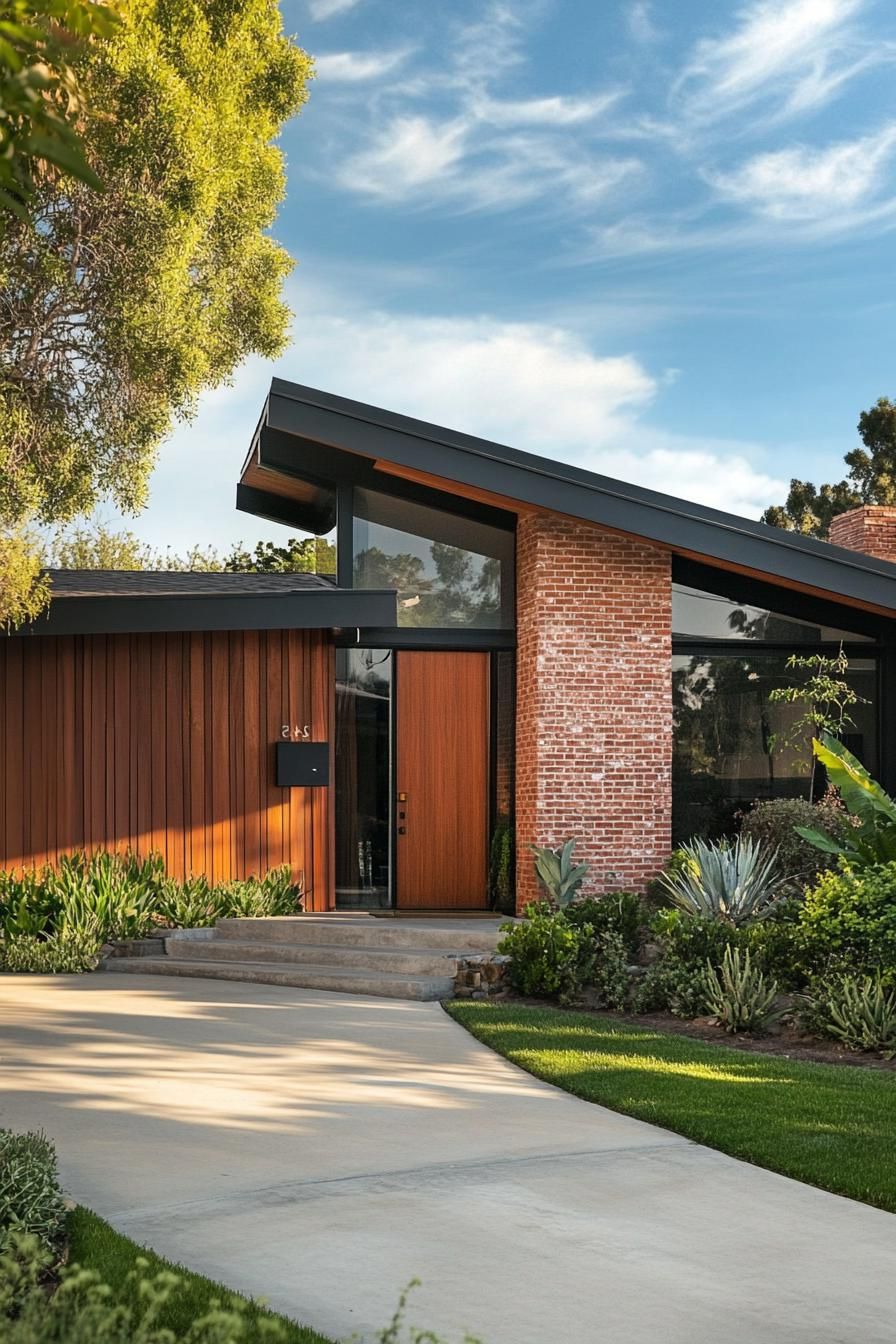 mid century modern 1950s style house facade with brick and wood accents 2