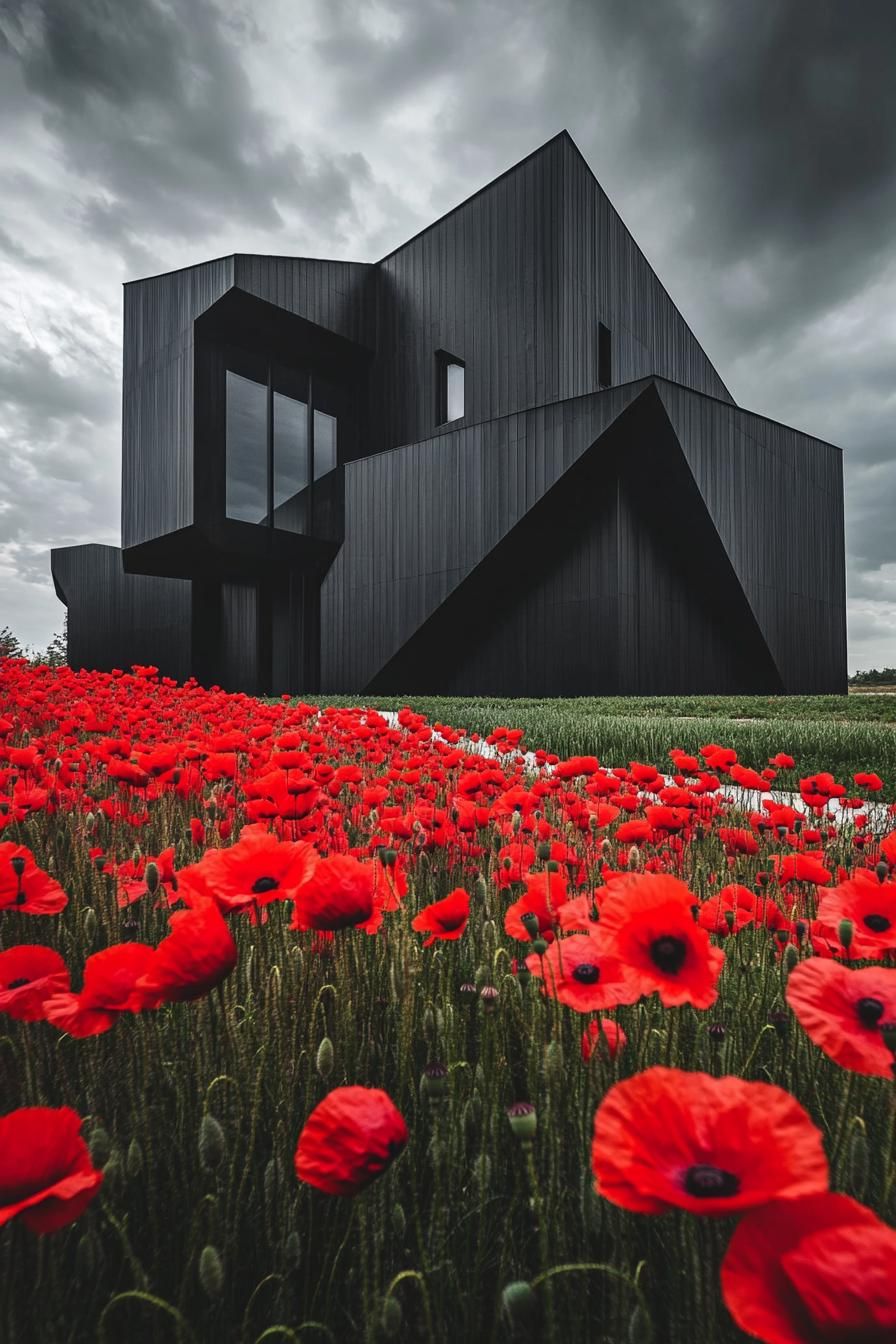 modern geometric obsidian house facade in a field of red poppies 2