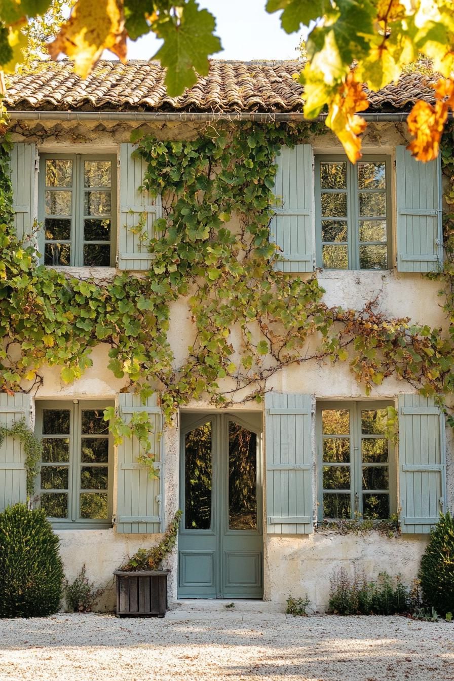 modern French mediterranean house facade with shutters and climbing grape vines 3
