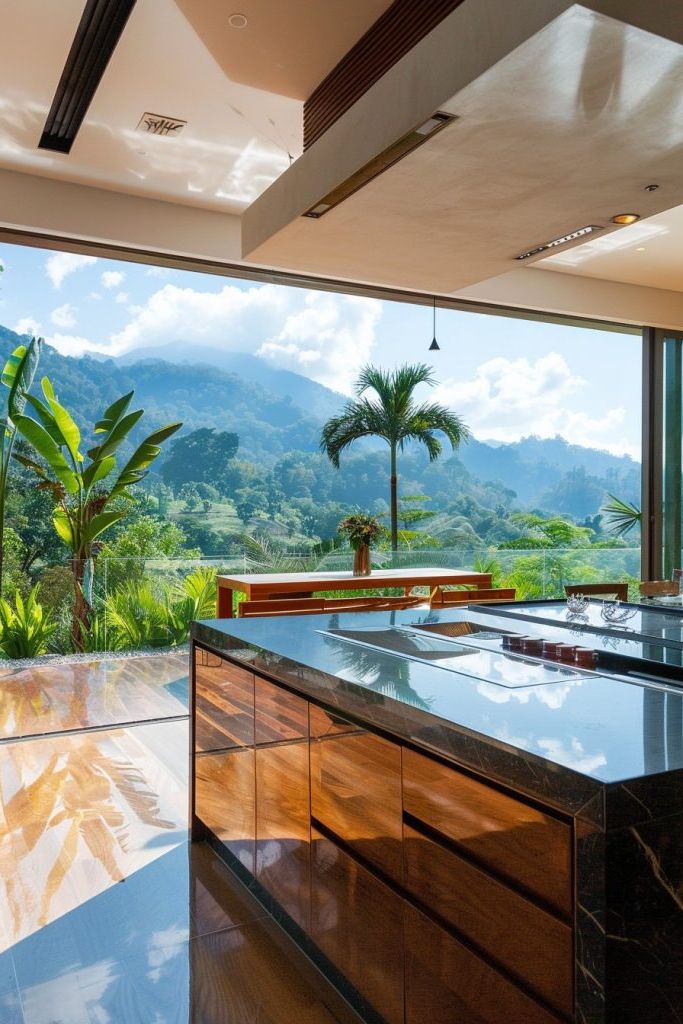 kitchen island overlooking a terrace and mountain views